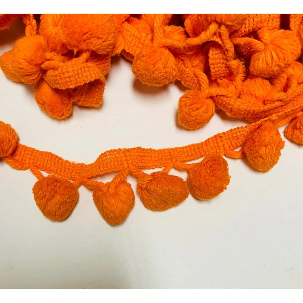 Vtg MCM Retro Color Bright Orange Tassel Pom Pom Crochet Trim Edging 6+ Yards